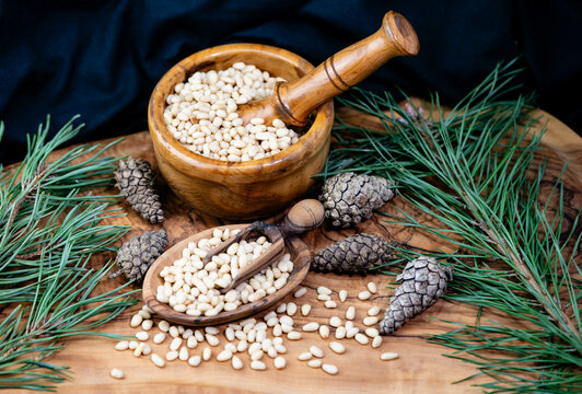 Cedar cones and nuts on olive wood