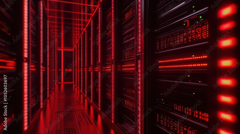 Poster data center corridor filled with servers, illuminated by red and green lights, creating a futuristic