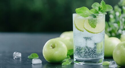 Refreshing green apple cocktail with mint leaves and lime served on a dark surface