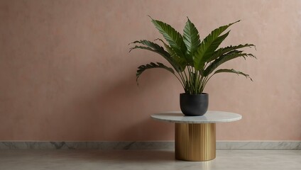Round marble table against a pale pink wall with a potted plant.