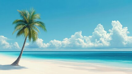 Fototapeta premium Serene beach landscape featuring fine white sand clear turquoise water and a solitary palm tree captured in a vibrant digital rendering