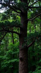 Obraz premium Majestic black pine tree with dense needles sturdy trunk and cones in a deep green forest
