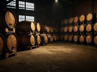 Rustic whiskey barrels in a dimly lit warehouse.