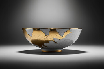 kintsugi japanese gold repaired porcelain bowl in dark background