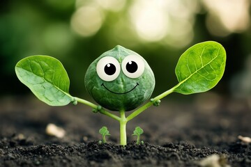 A cheerful green sprout with eyes and leaves, symbolizing growth and happiness.