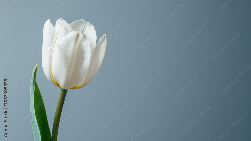 Poster white tulip flower against a soft grey background ample space for text emphasizing a minimalistic de