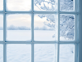 Snow-Covered Winter Landscape Seen from a Window in Snowy Blue, Icy Silver, and Crystal White