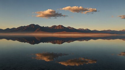 Fototapeta premium Scenic sunrise view of mountains reflected in Bonneville Salt Flats, Utah.
