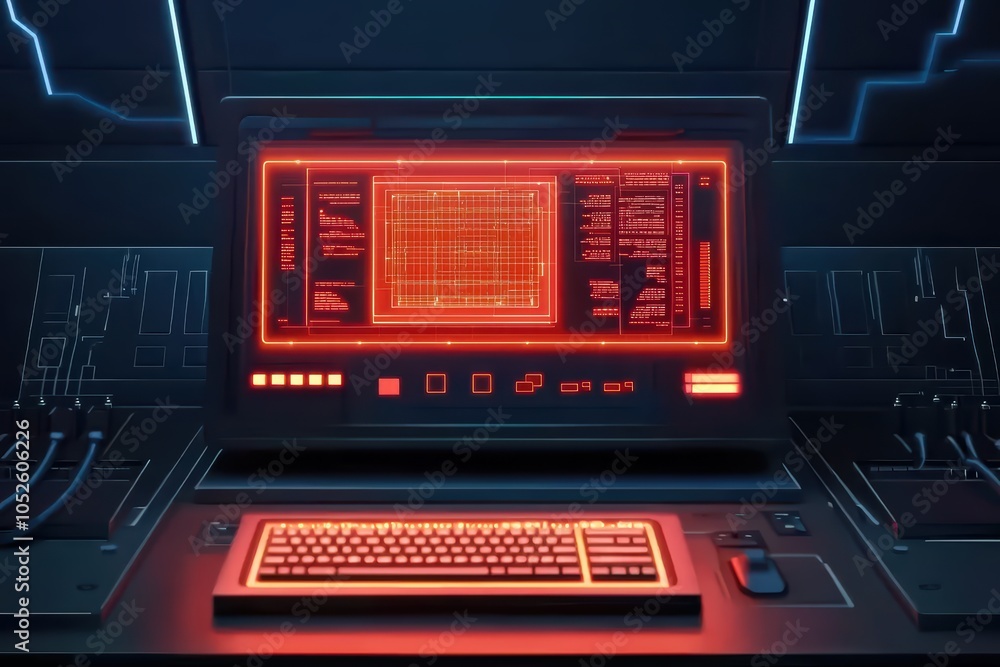 Poster futuristic computer interface with glowing red screen and keyboard on dark background