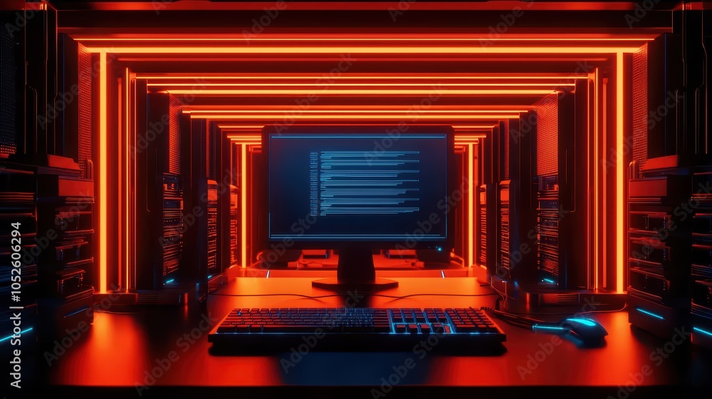 Poster futuristic computer setup with glowing lights, keyboard, and monitor in a high-tech environment.