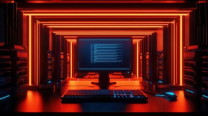 Obraz premium Futuristic computer setup with glowing lights, keyboard, and monitor in a high-tech environment.