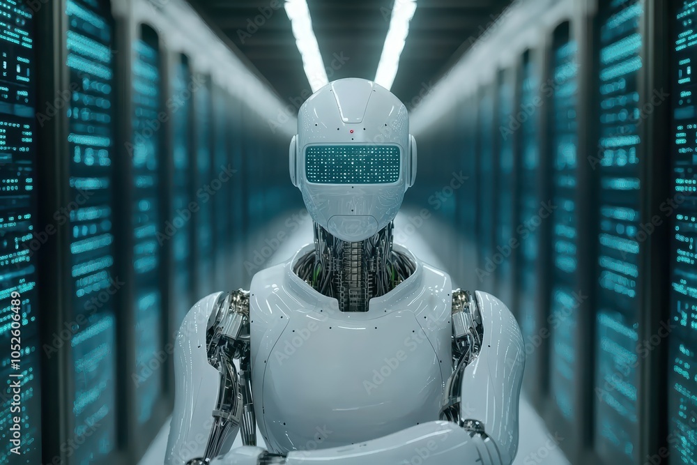 Poster futuristic humanoid robot in a data center, showcasing advanced ai technology and sleek design.