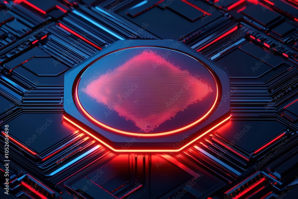 Poster futuristic hexagonal processor on digital circuit board with glowing red accents, dark and sleek des