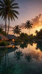 Obraz premium Serene sunset over a tropical resort with palm trees.