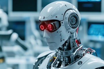 Futuristic robot with glowing red eyes in a high-tech environment, showcasing advanced artificial intelligence.