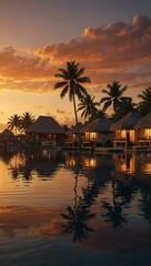 Obraz premium Serene sunset over a tropical resort with palm trees.