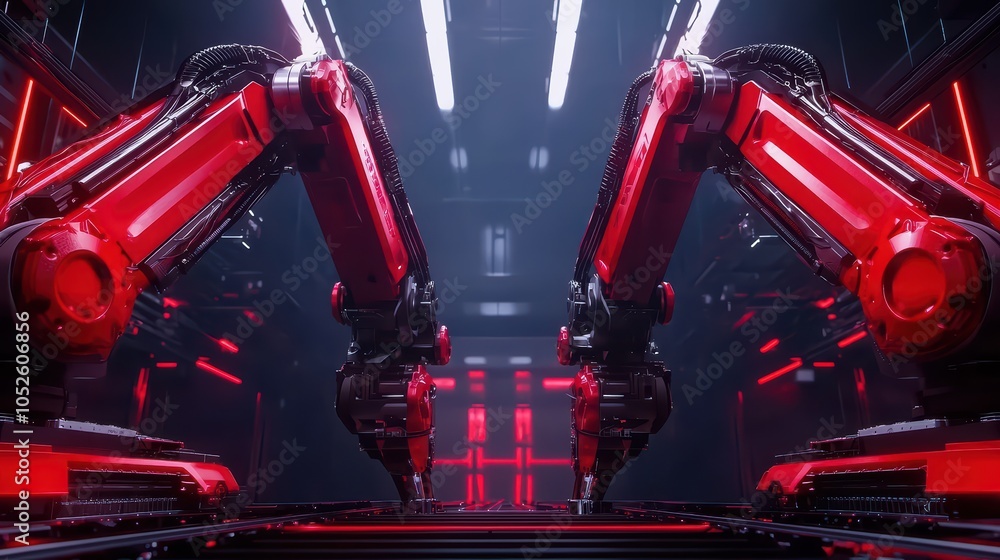 Poster futuristic robotic arms in a high-tech environment with red lighting and sleek design.