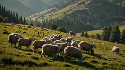 Fototapeta premium Sheep grazing in a mountain pasture.