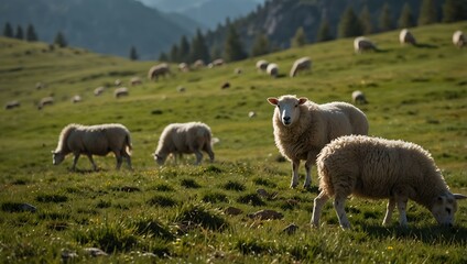 Obraz premium Sheep grazing in a mountain pasture.