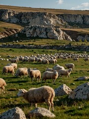 Fototapeta premium Sheep grazing on rocky terrain in Moldova.
