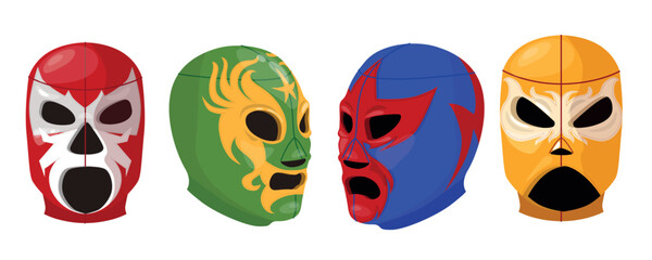 Set of different lucha libre masks in cartoon style. Vector illustration of colorful mexican lucha libre wrestling masks with patterns isolated on white background. Mexican professional wrestling.