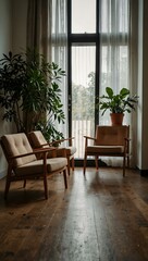 Obraz premium Simple interior with chairs and plants, perfect for mindfulness.