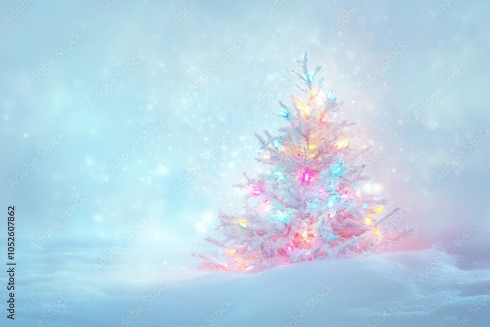 Poster blurred festive christmas tree with colorful lights in the snow, close-up bright and soft colors gen