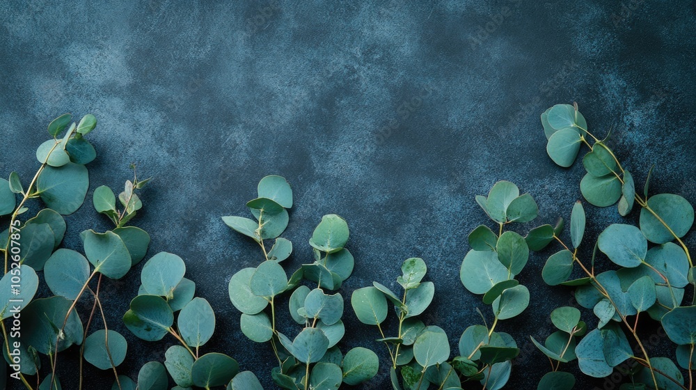 Poster eucalyptus sprigs arranged on a flat surface with ample negative space for text or design elements