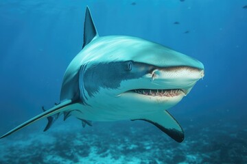 Naklejka premium Blue Predator: Majestic Bull Shark Swimming in the Depths of the Ocean