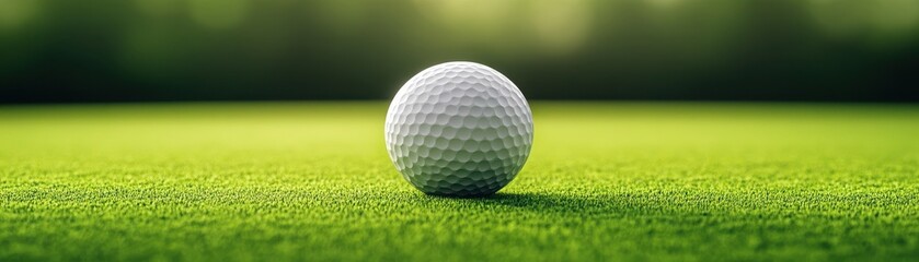 Fototapeta premium A close-up of a golf ball resting on a vibrant green grass surface, perfect for sports and golf-themed projects.