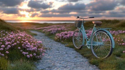 Naklejka premium A vintage blue bicycle parked on a path through a field of pink flowers, with the sun setting in the background.