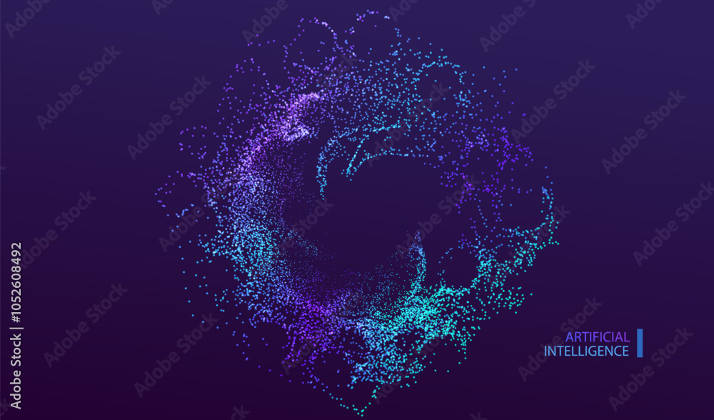 Poster ai round particles dots technology banner. big data neon network circle background. artificial intel