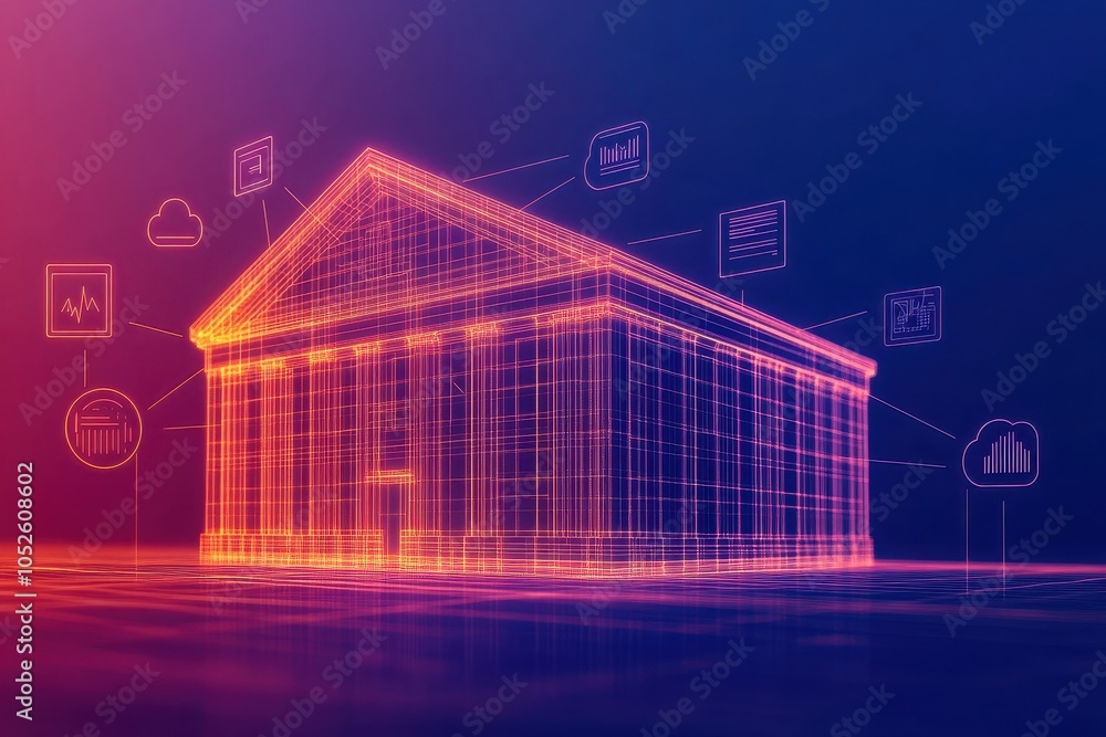 Poster a digital wireframe building representing architectural innovation and modern design in a vibrant gr