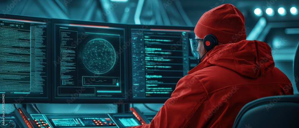Poster person in red hoodie working on multiple computer screens with data visualization and analysis.