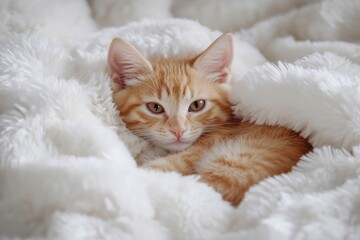 Obraz premium Beautiful Persian Cat Sleeping on Fluffy White Blanket