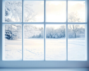 Snow-Covered Winter Landscape Seen from a Window in Snowy Blue, Icy Silver, and Crystal White