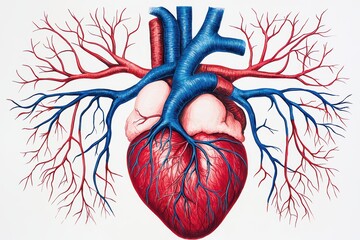 Realistic heart anatomy illustration with detailed vessels, isolated on white background.