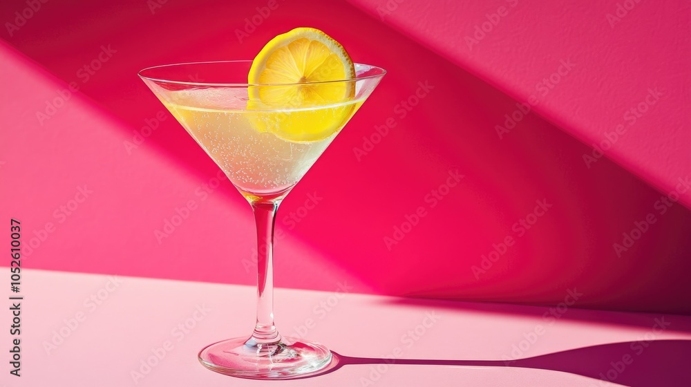 Poster refreshing martini with a slice of lemon on a vibrant pink backdrop