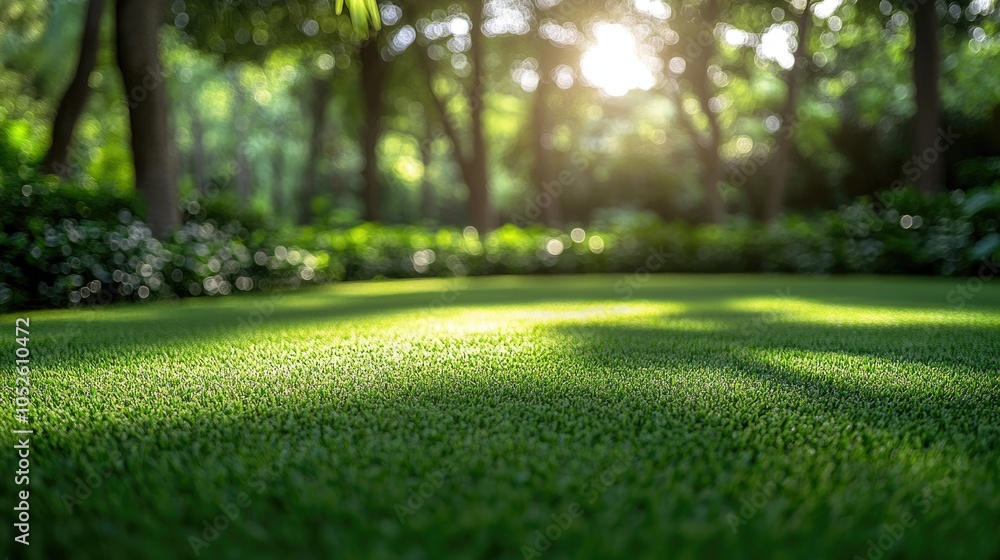 Poster serene blurred background featuring a well maintained lawn embraced by trees in a tranquil garden se