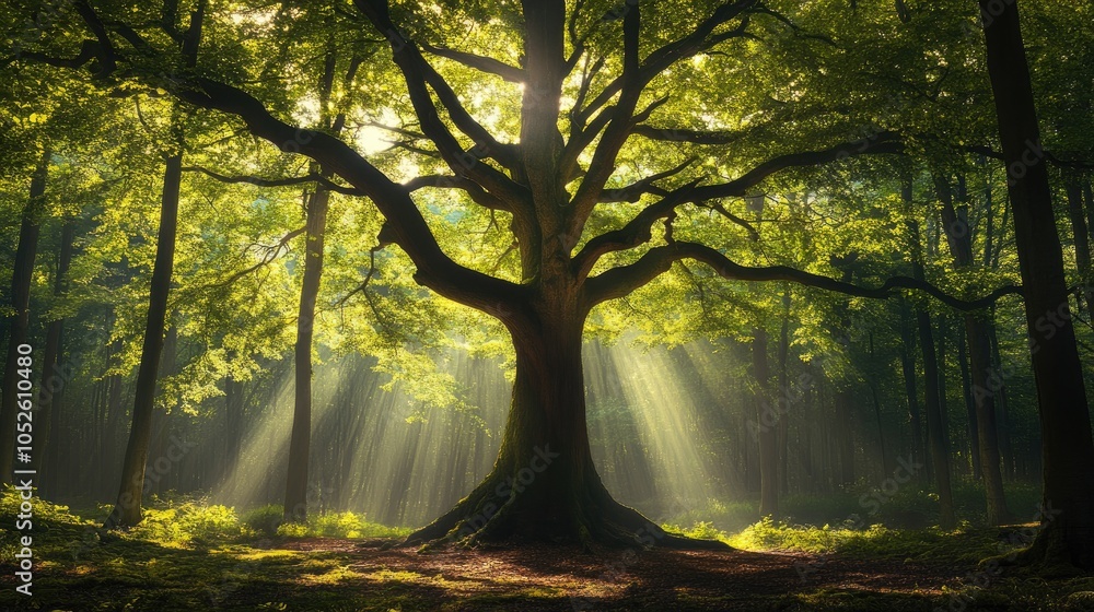 Aufkleber a majestic beech tree stands in a moody forest setting during spring illuminated by sunlight that en