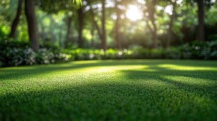 Fototapeta premium Serene blurred background featuring a well maintained lawn embraced by trees in a tranquil garden setting