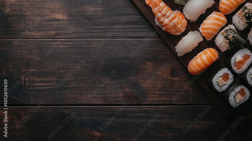 Poster sushi presentation on a dark wooden surface featuring ample empty space for text