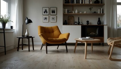 Fototapeta premium Stylish Scandinavian living room with a design armchair.