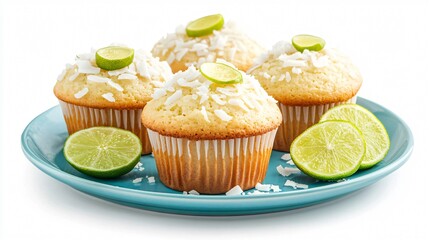 Coconut lime muffins with a lime glaze, placed on a blue ceramic plate, isolated on a white background, with toasted coconut flakes and lime slices