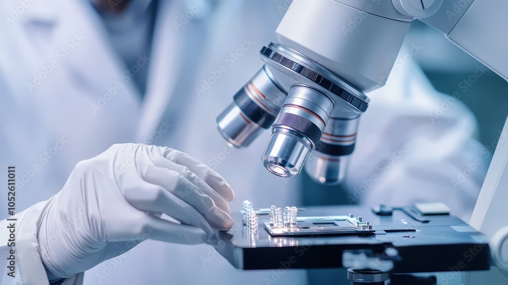 Poster scientist examining samples under a microscope in a laboratory setting.