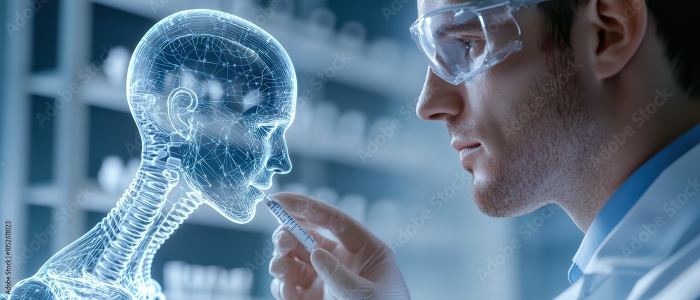 Aufkleber scientist examining digital hologram of a human skull in a laboratory setting with high-tech tools.