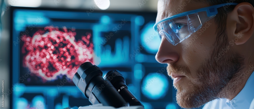 Poster scientist examining samples under a microscope in a laboratory setting.