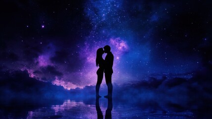 Obraz premium Mystical midnight kiss with starry sky, deep colors, and soft lights capturing the magic and romance of the moment. Christmas, New Year's Eve