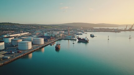 Obraz premium Industrial Harbor at Sunset: An aerial view captures a bustling harbor with towering storage tanks, docked ships, and a picturesque sunset casting golden hues over the water.