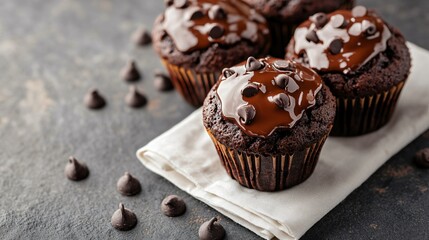 Double chocolate muffins with melted chocolate in the center, served on a white napkin, isolated on a gray stone surface, with chocolate chips scattered around